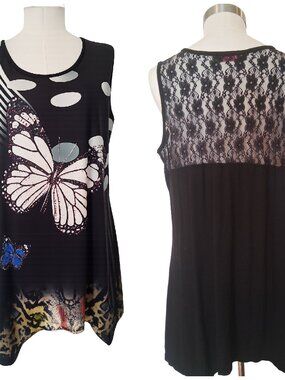 3/$25 Model France Sleeveless Tunic Top Butterfly Crystals & Lace Back L/XL